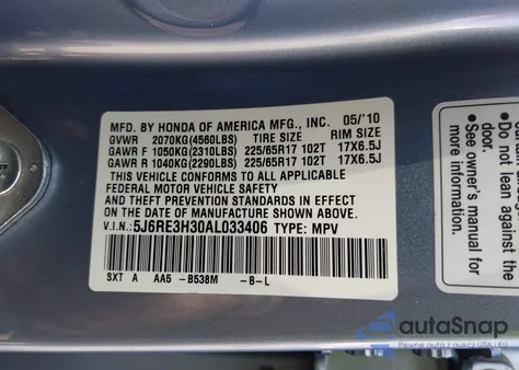 2010 Honda Cr-V Lx from USA, damaged, VIN 5J6RE3H30AL033406